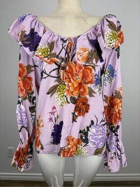 H&M Lilac Purple Floral Ruffle Blouse Off Shoulder Cottagecore Top M
